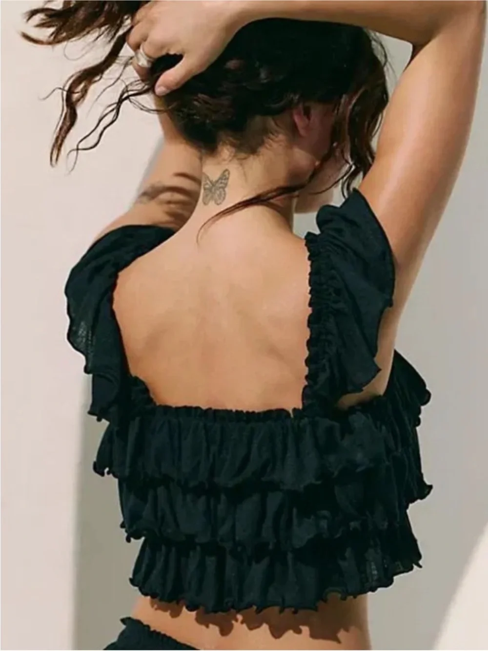 Free People Black Ruffled Tiered Crop Top Womens Size Small Boho,Festival,Grunge